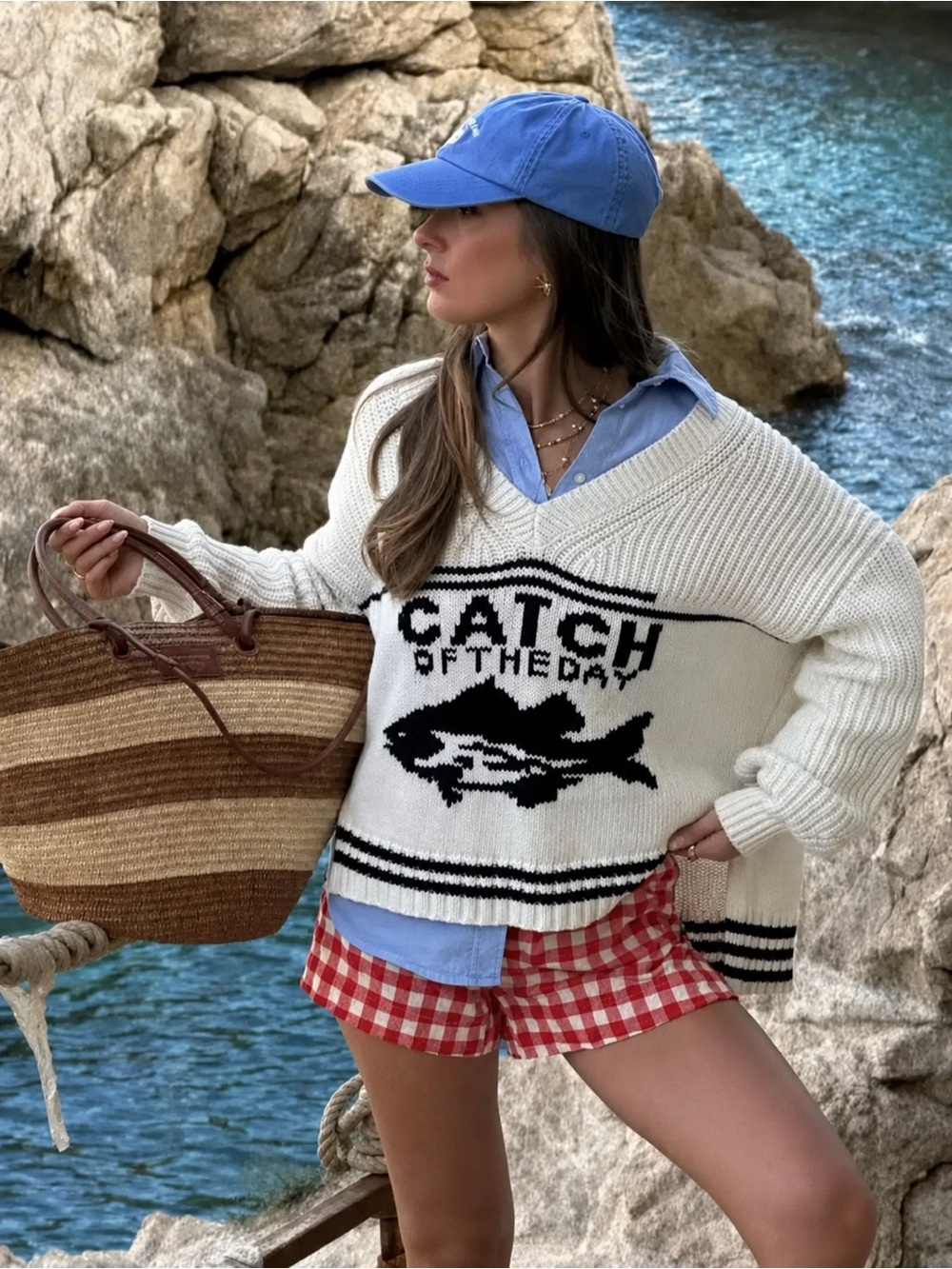 Anthropologie Maeve Catch of the Day Viral Linen Preppy Sweater M